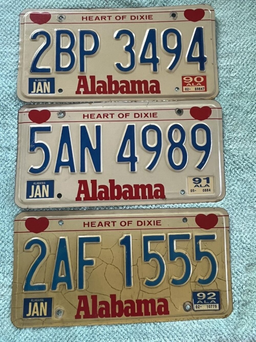 3 1990-92 Vtg Alabama License Plate Heart of Dixie Tags Consecutive Years
